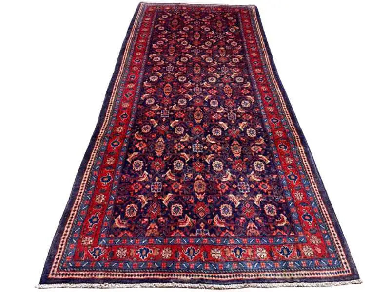Hamedan rug 313×136 cm, bordered edge, red and dark blue with delicate ornaments