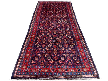 Hamedan rug 313×136 cm, bordered edge, red and dark blue with delicate ornaments