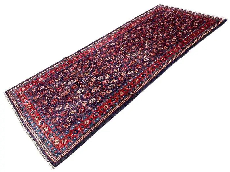 Hamedan rug 313×136 cm, elongated view, red-dark blue with border and patterns
