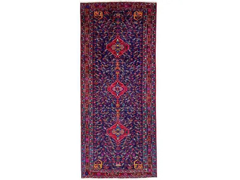 Hamedan-style oriental rug, dark blue with red patterned medallions, 338x140 cm