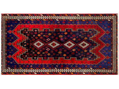 Runner rug with a wide geometric central band in blue, red, and beige outlines