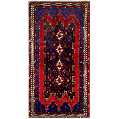 Rectangular runner rug with a blue-red pattern, beige border, and decorative trim