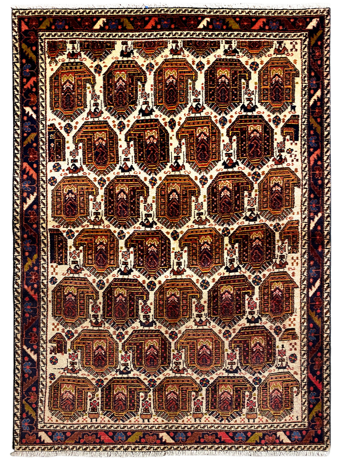 Shahr-e Babak rug (154x105 cm), symmetrical medallion design in brown, red, and blue