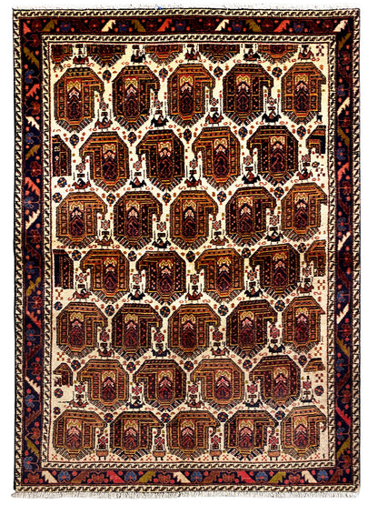 Shahr-e Babak rug (154x105 cm), symmetrical medallion design in brown, red, and blue