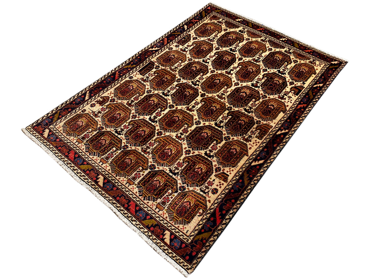 Shahre Babak rug 154x105 cm with a geometric tile pattern in red, blue, and beige