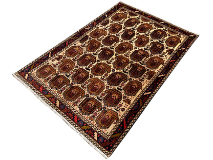 Shahre Babak rug 154x105 cm with a geometric tile pattern in red, blue, and beige