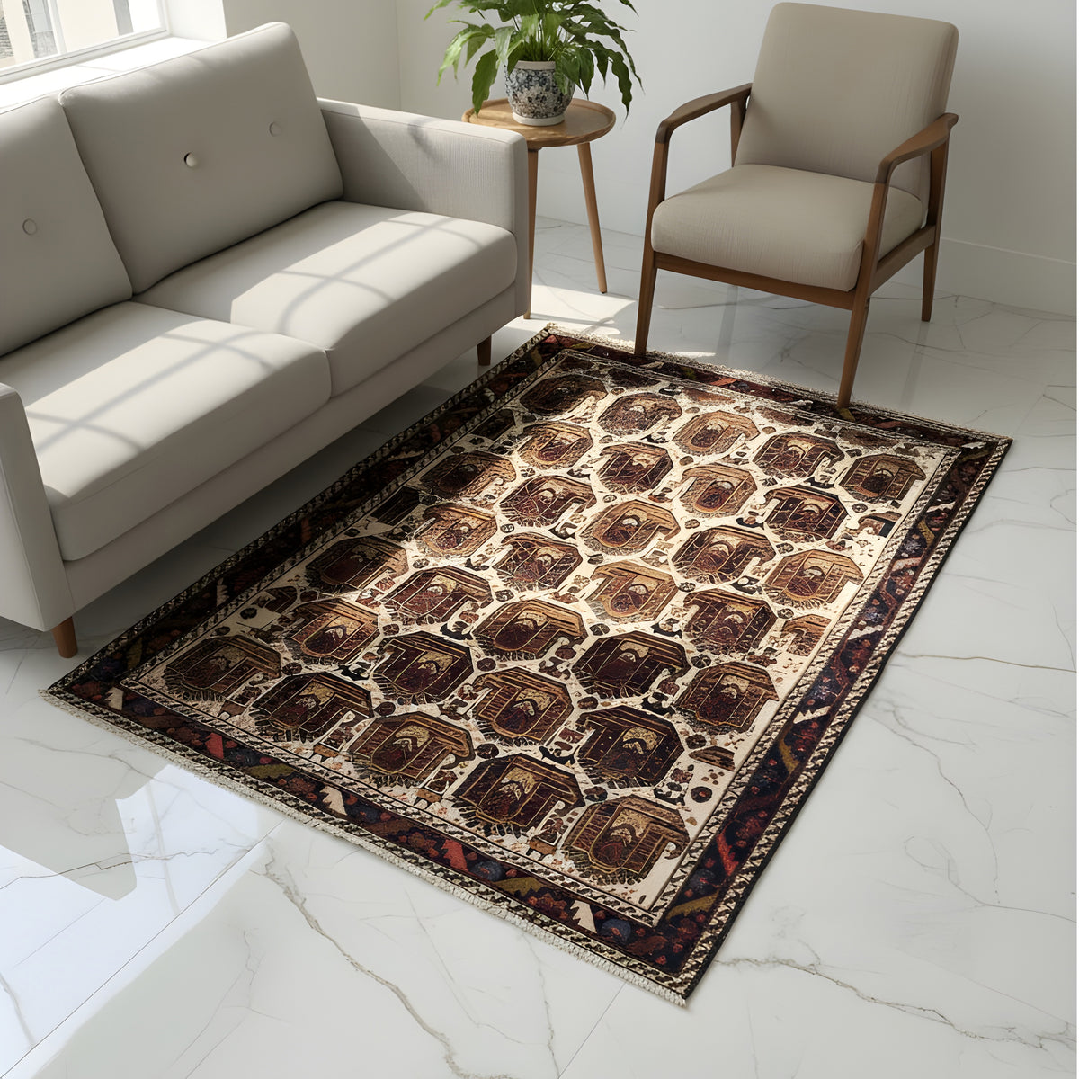 Shahre Babak rug 154x105 cm laid out on tiles, with tile ornaments and border