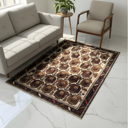 Shahre Babak rug 154x105 cm laid out on tiles, with tile ornaments and border
