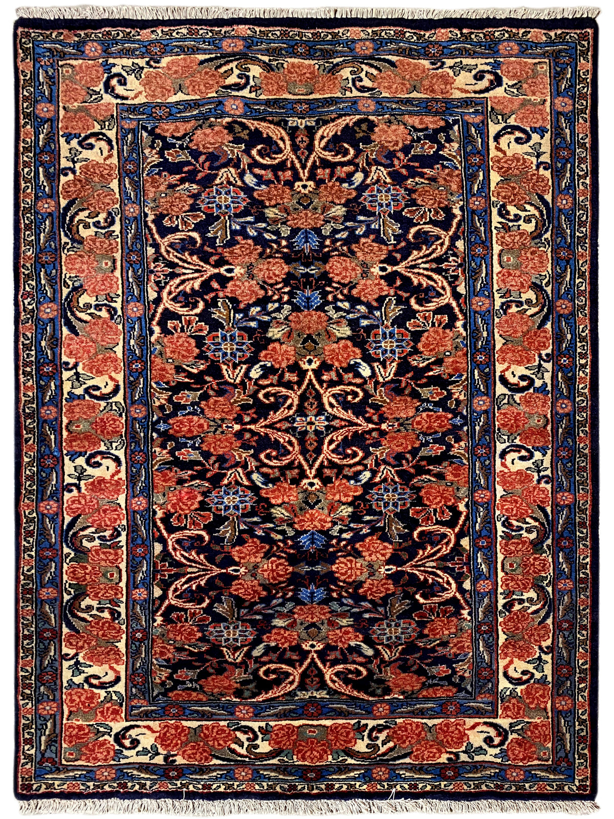 Rectangular rug with blue-red floral ornament and border, 142×102 cm