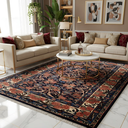Carpet on the floor with a blue-red ornamental pattern and border, 142×102 cm