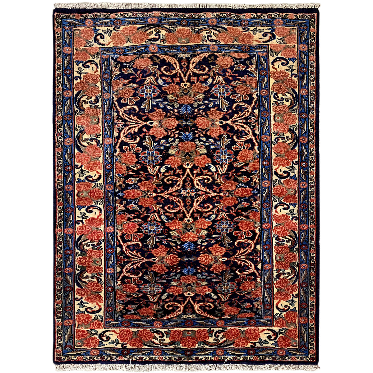 Rectangular rug with a dark blue-red ornamental pattern and border, 142×102 cm