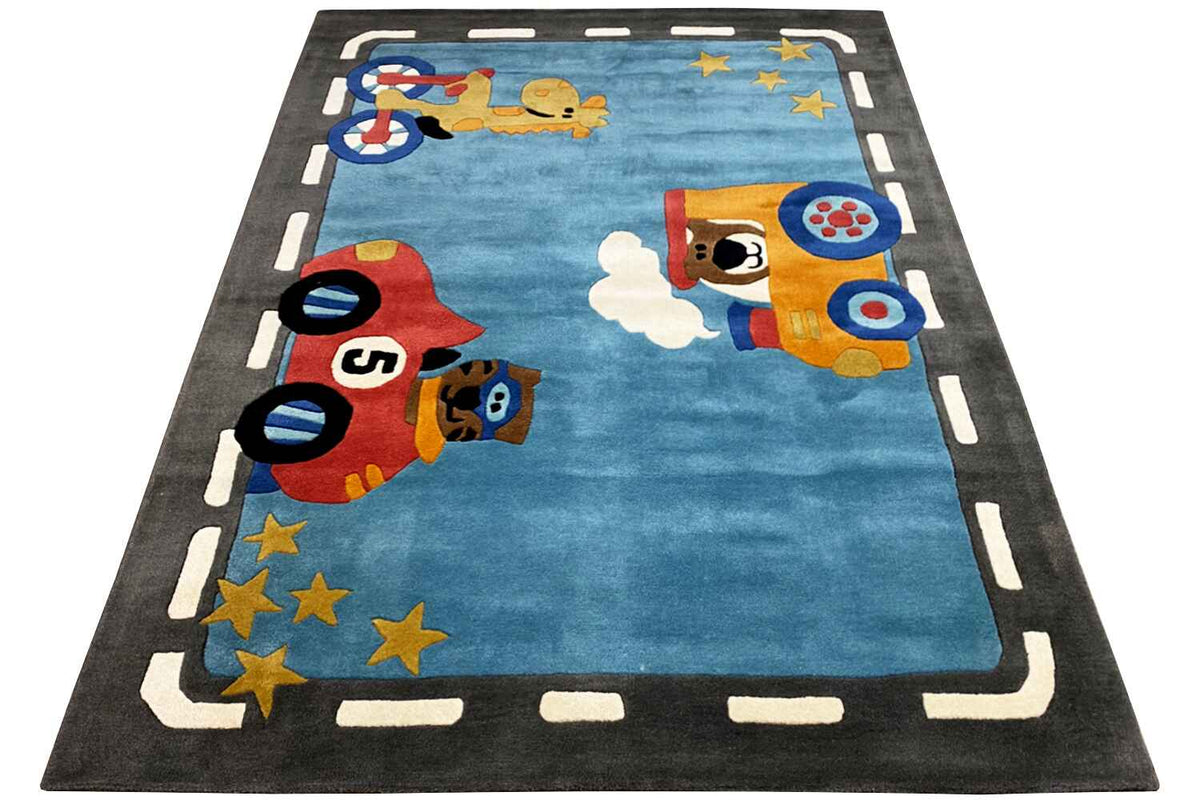 Hand-tufted rug 170x240 cm in blue with astronauts, yellow stars, and border