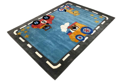 Hand-tufted rug 170x240 cm: blue with astronaut motifs, yellow stars, running tracks