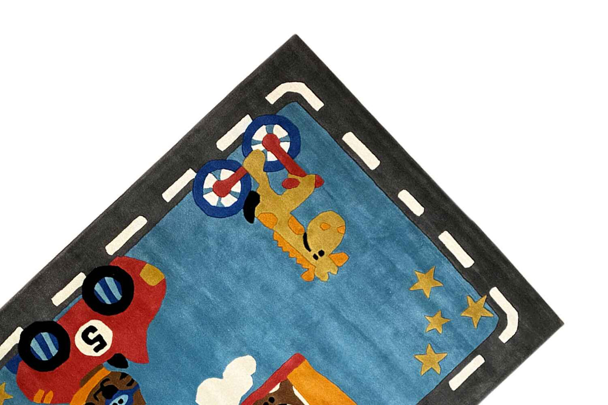 Hand-tufted rug 170x240 cm: corner with road strips, astronauts, and yellow stars