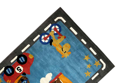 Hand-tufted rug 170x240 cm: corner with road strips, astronauts, and yellow stars