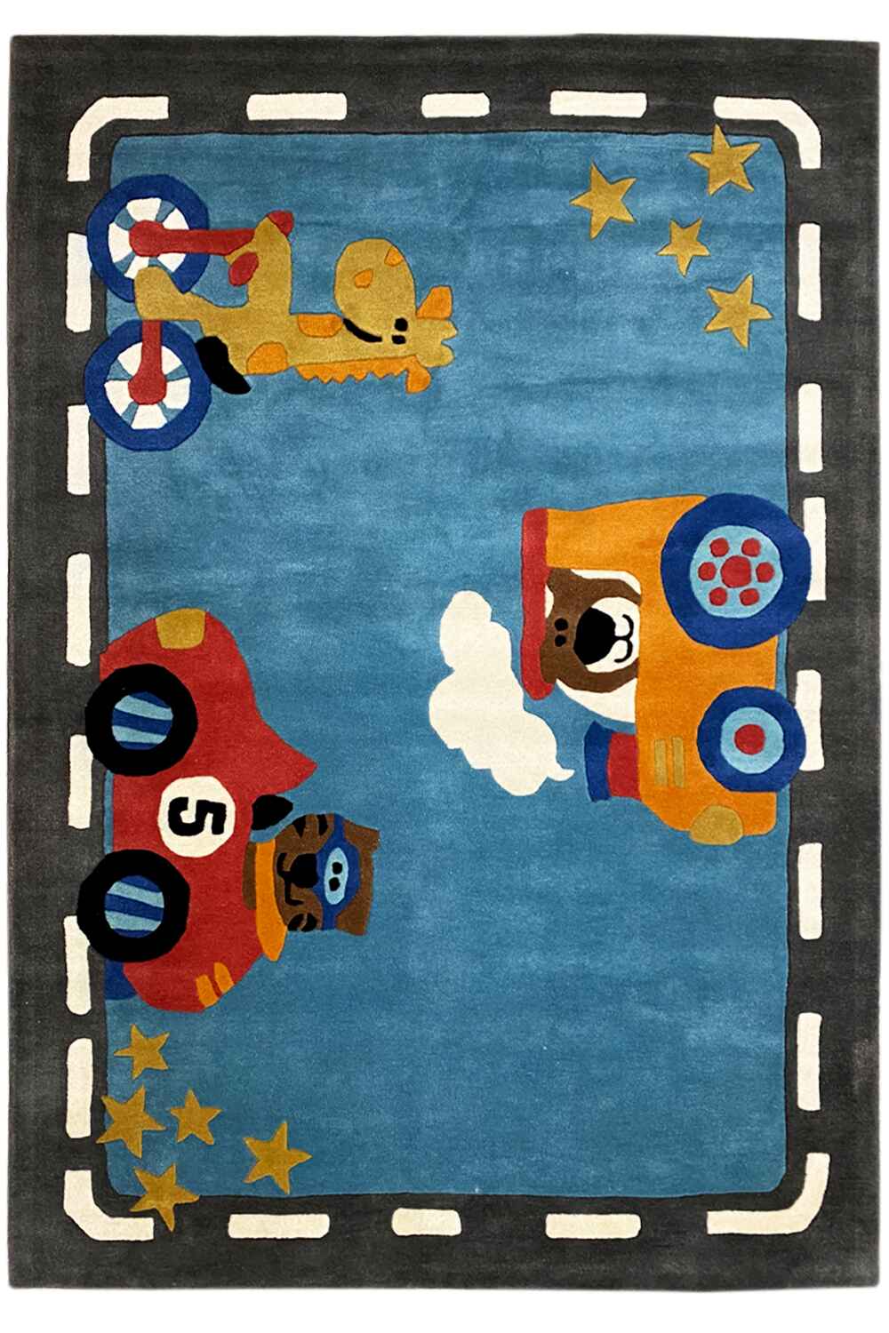 Hand-tufted rug 170x240 cm: blue, astronaut and star motifs, dark border