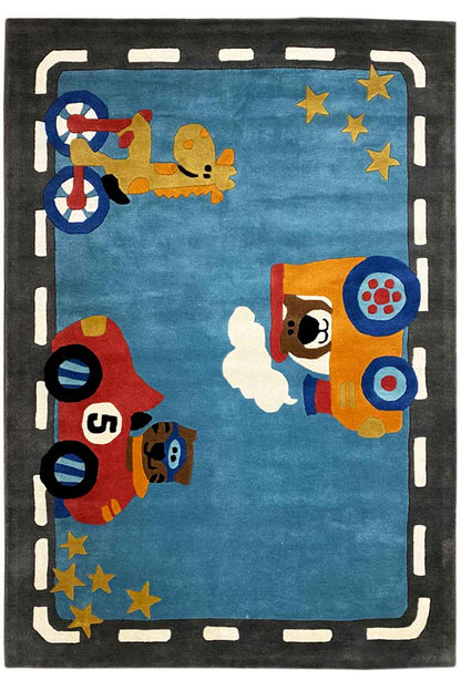 Hand-tufted rug 170x240 cm: blue, astronaut and star motifs, dark border