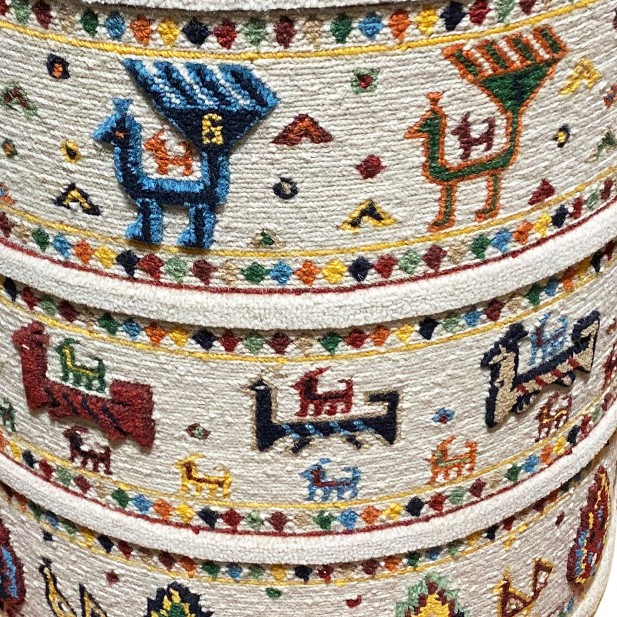 Soumakh pouf: close-up of the patterned fabric upholstery with colorful ornaments