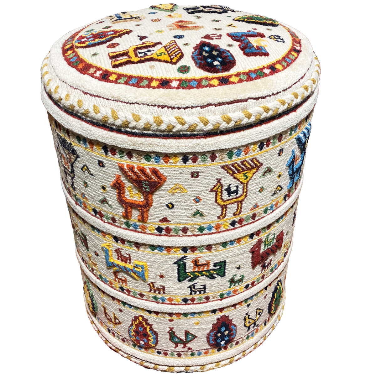 Round stool with a patterned seat cushion and striped decorative elements in an ethnic style