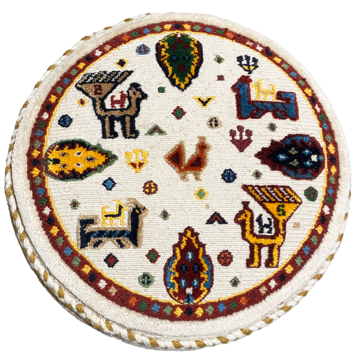 Round stool top with circular ornaments, colorful motifs, and a cream-colored pile