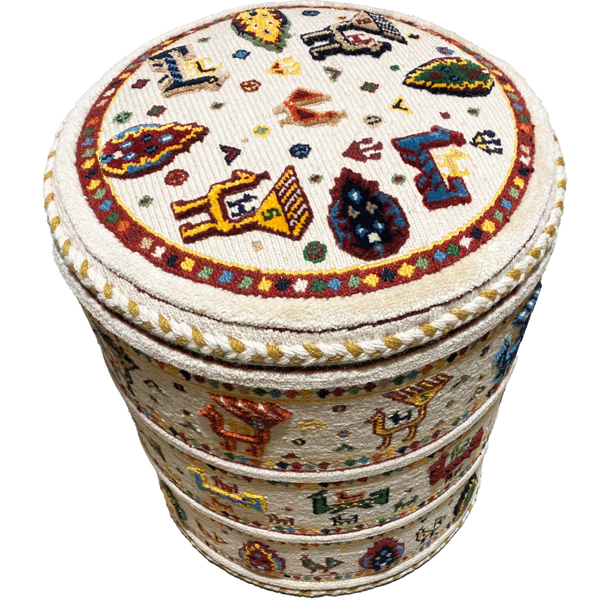 Round Soumak stool with a multicolored ethnic pattern and padded seat