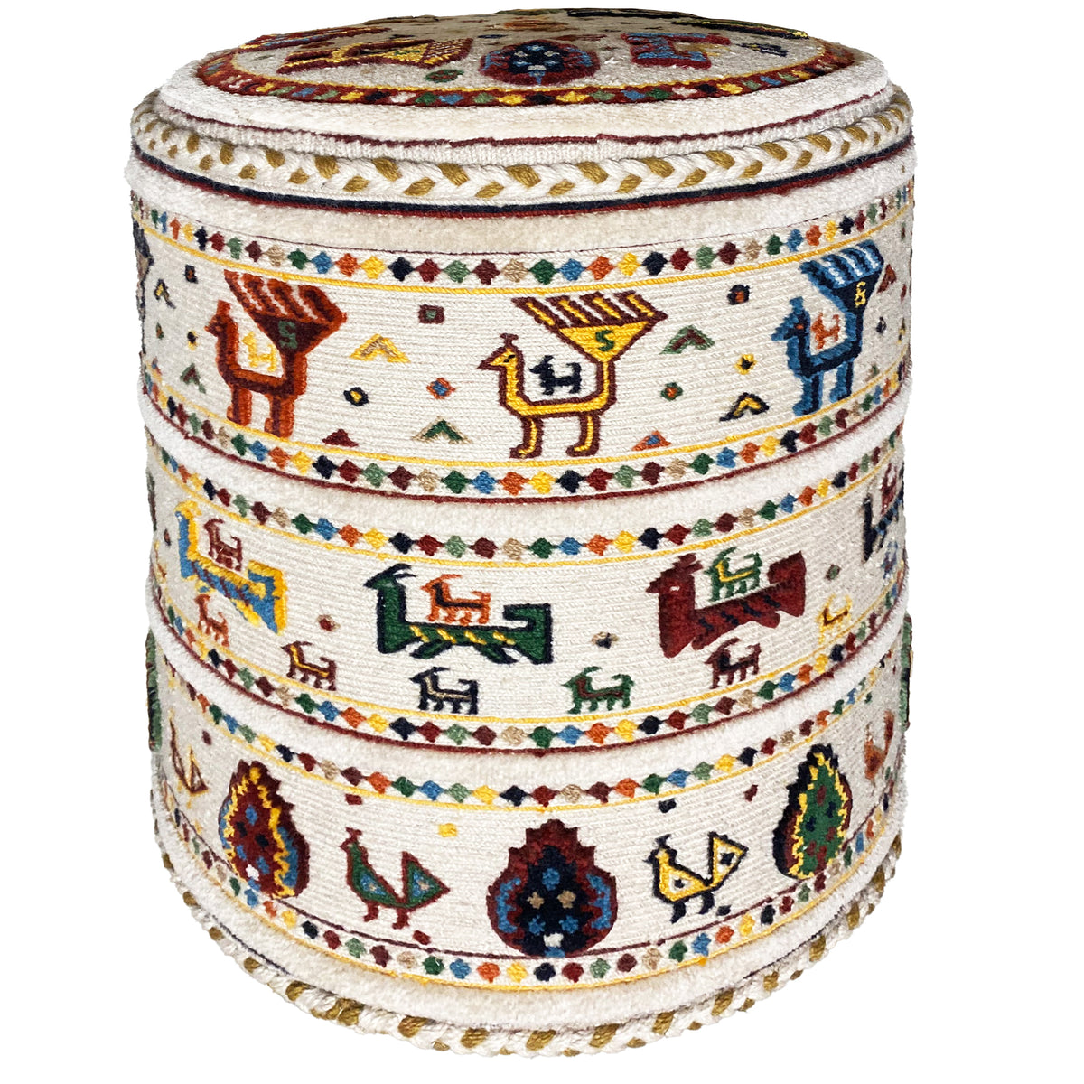 Round stool with striped decorative bands, colorful symbols, and cream-colored upholstery