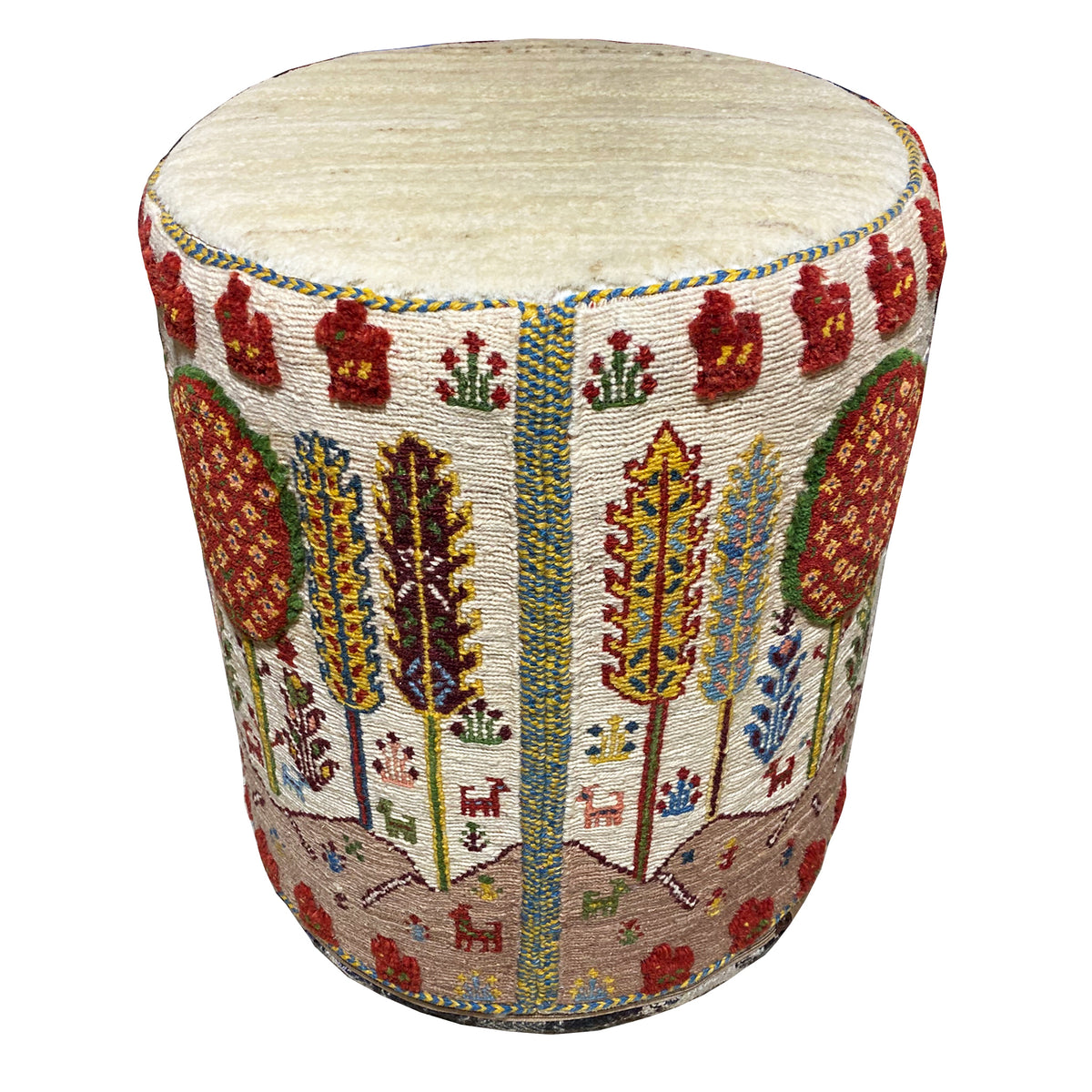 Colorful Soumak stool with a round seat and patterned upholstery, viewed from the front at an angle
