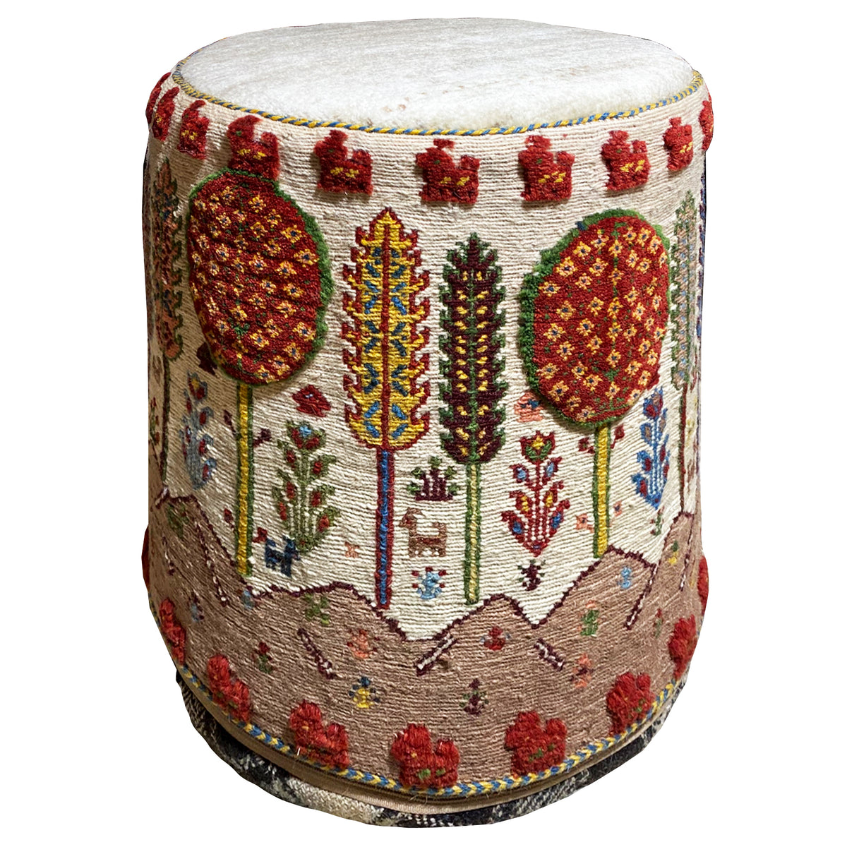 Colorful Soumak stool with a round seat and multicolored pattern, side view