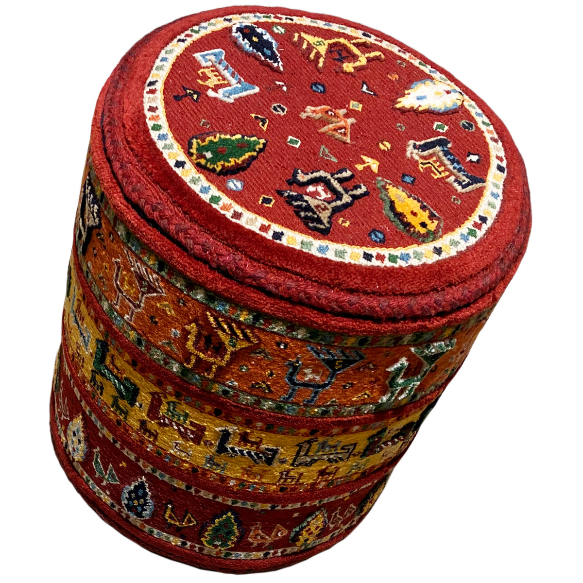 Round stool with a red seat, circular ring with Soumak motifs, and patterned sides
