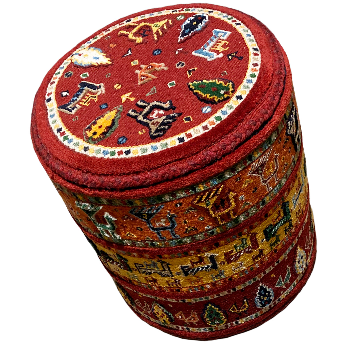 Stool with a red Soumak rug pattern, padded seat, and wide colorful bands