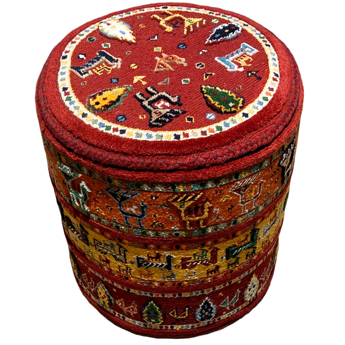 Round stool with a red Soumakh rug pattern, padded seat, and cylindrical sides
