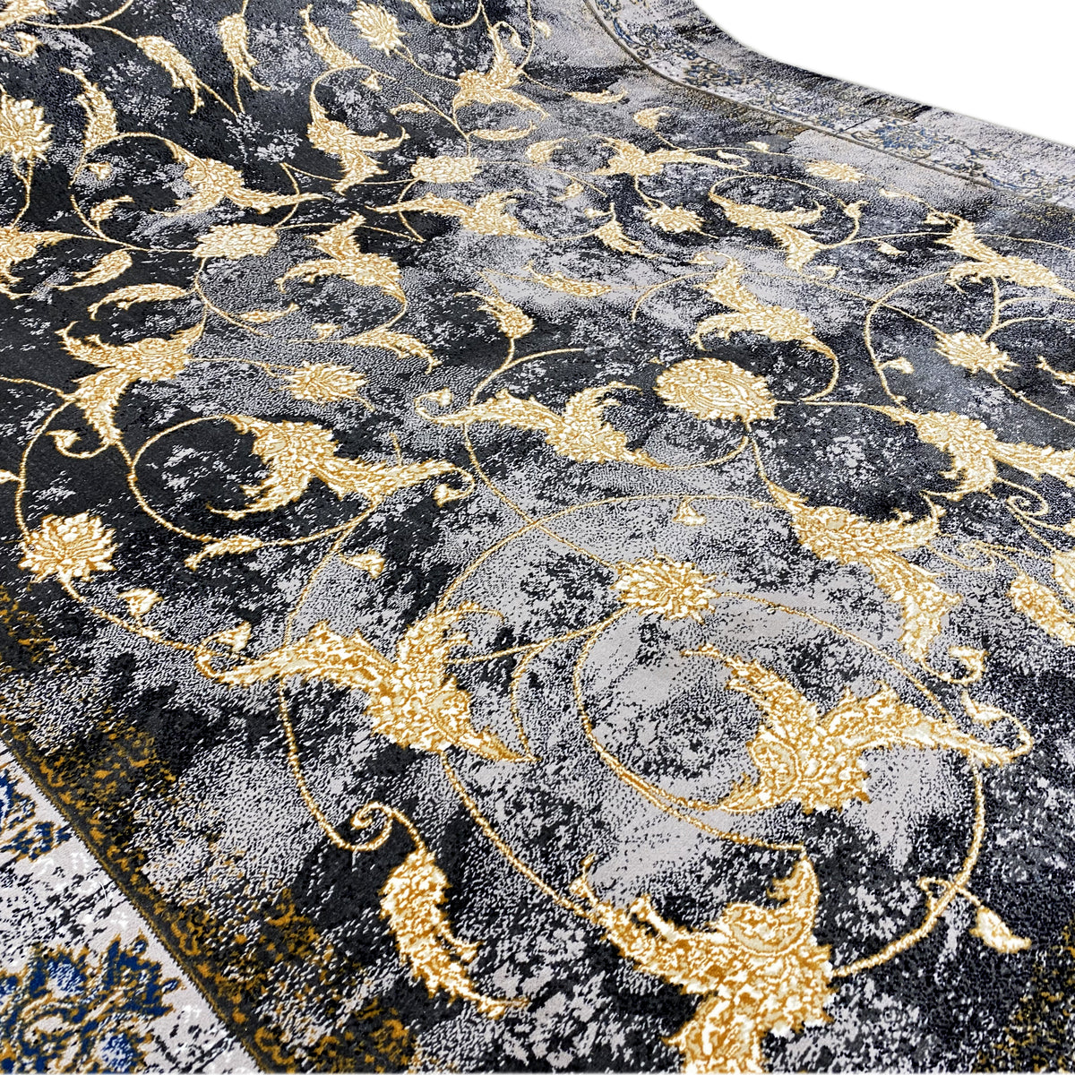 Rug 160x230 cm, golden floral patterns on a dark gray-black, faded-look background