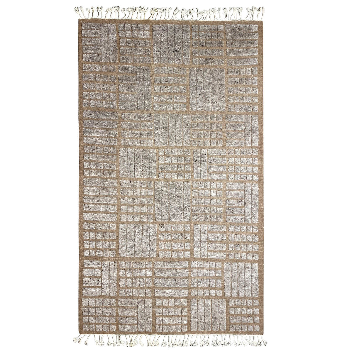 Brown rug 260x165 cm with a square patchwork grid and fringes