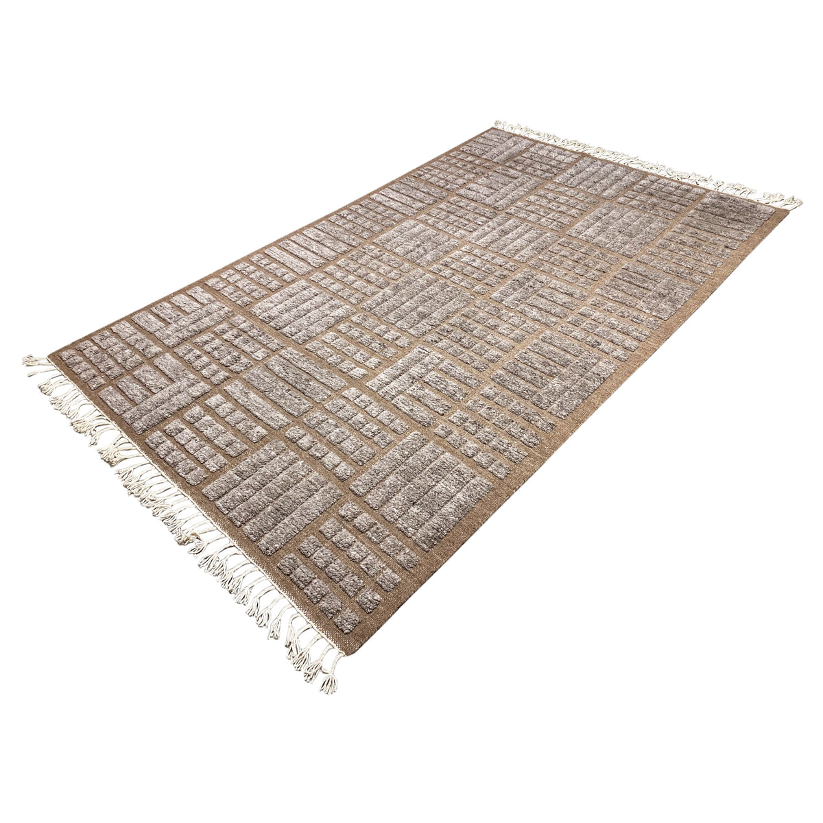 Brown rug 260x165 cm, mottled patchwork grid with fringes along the edges
