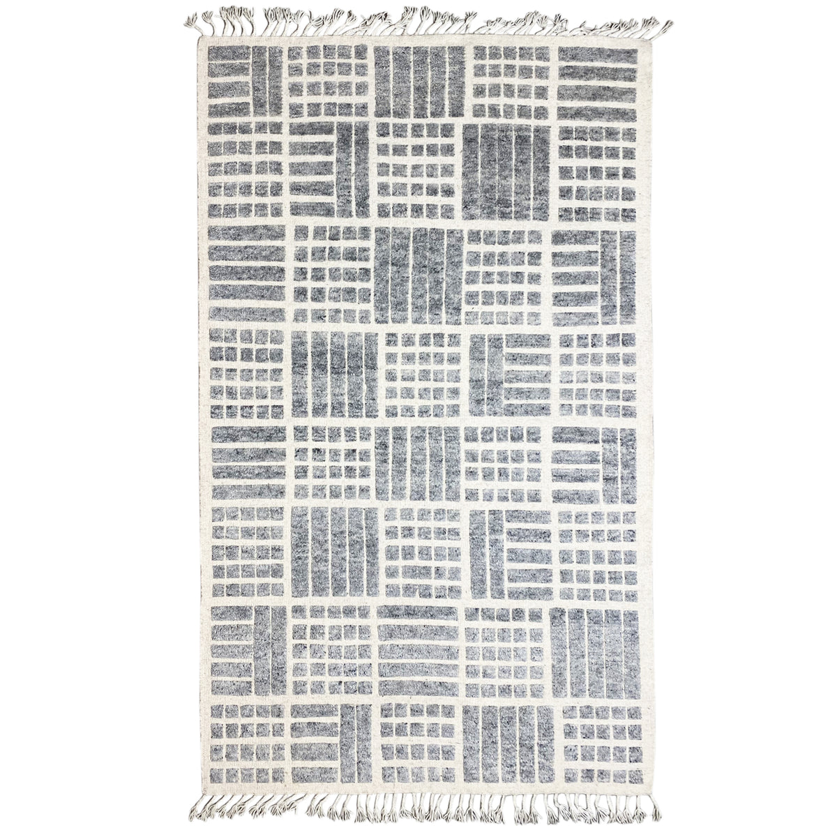 Gray Berber wool rug with a geometric pattern and fringes along the edges