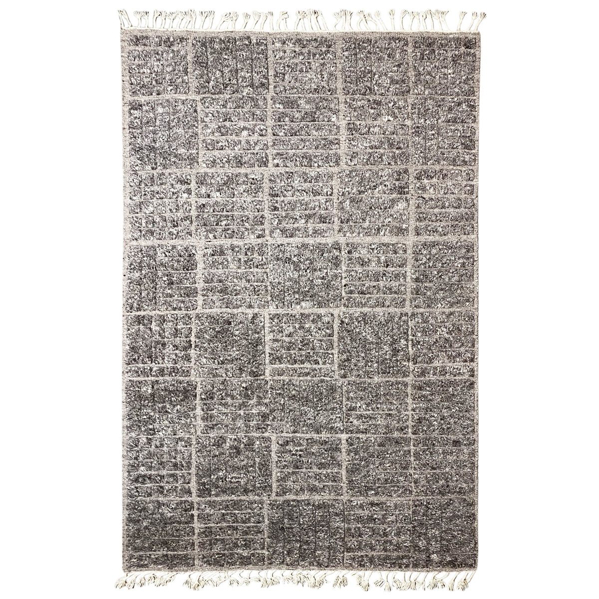 Berber rug with woven checked design, dark heathered color, fringes