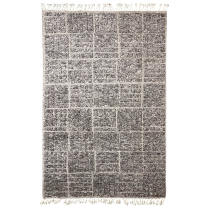Berber rug with woven checked design, dark heathered color, fringes