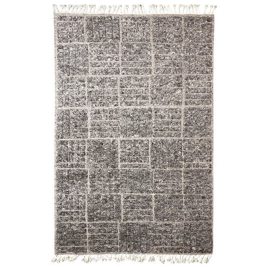 Berber rug with woven checked design, dark heathered color, fringes