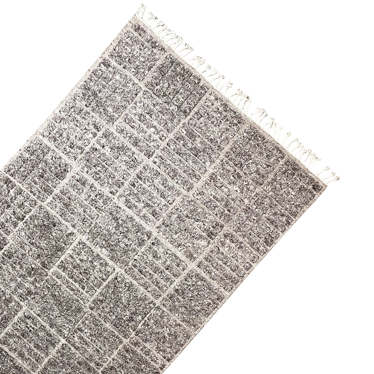 Berber rug corner with fringes, dark gray checked pattern, mottled texture
