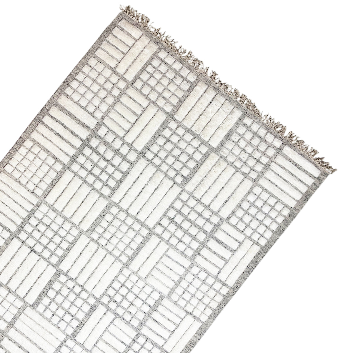 Berber rug, angled, white-gray block stripes and checkered pattern, fringes