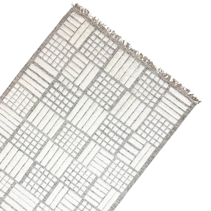 Berber rug, angled, white-gray block stripes and checkered pattern, fringes