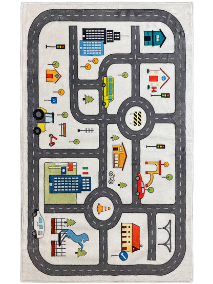 Kinderteppich mit Straßenmotiv: Fahrzeuge, Gebäude und Kreuzungen auf beigem Grund