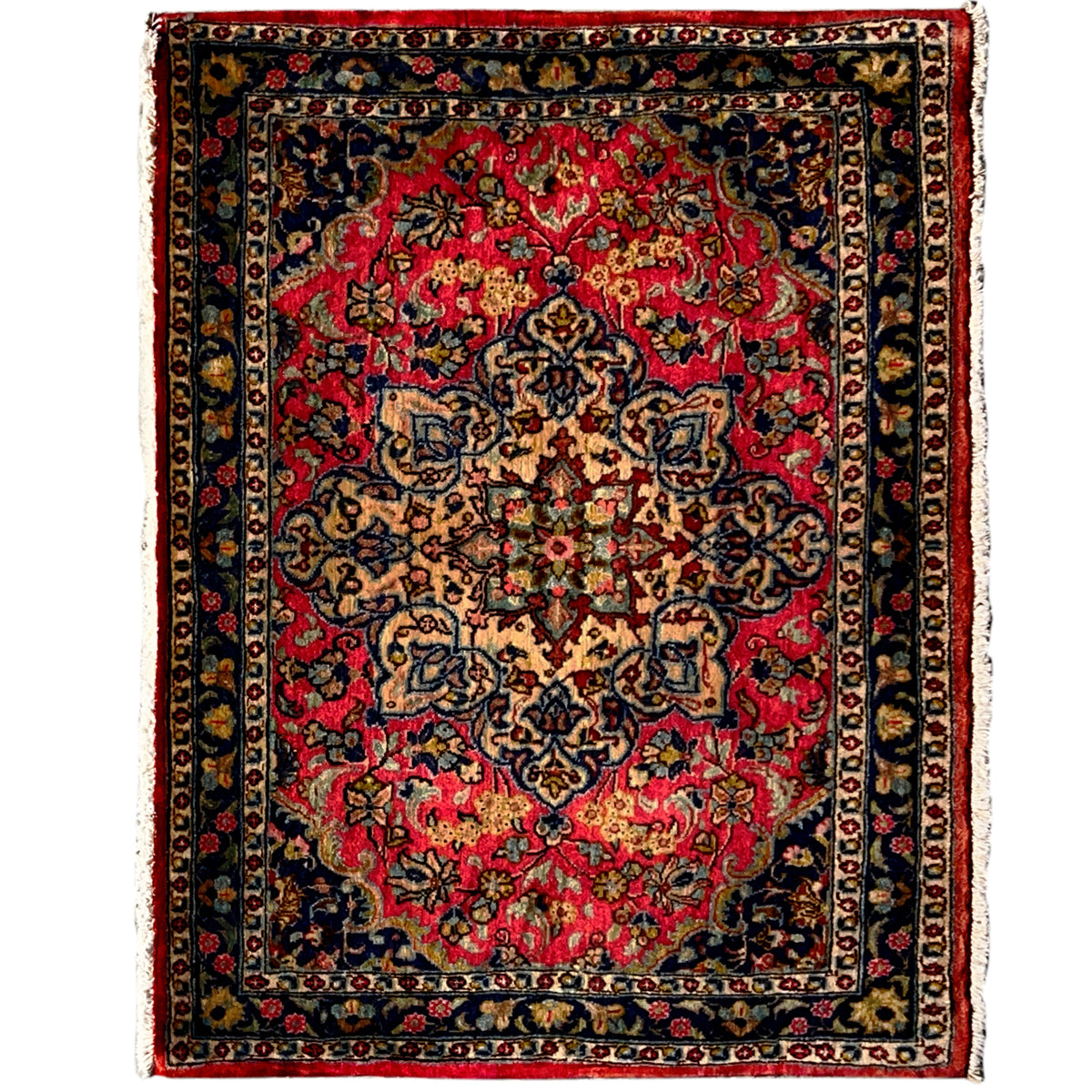 Rug with a red ornamental pattern, dark blue border, fringe, 83x62 cm