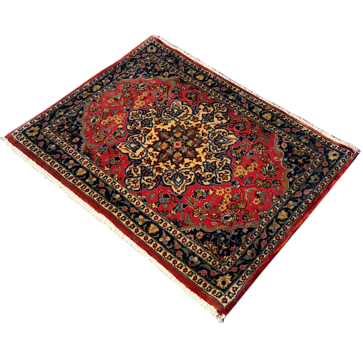 Rug with a red center, dark blue border, and frayed edges on both sides