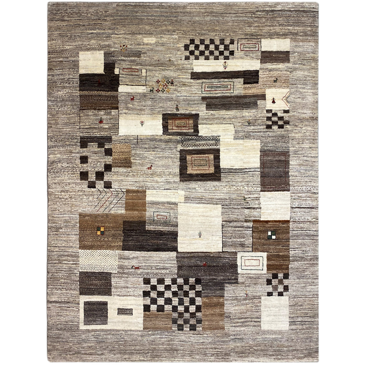 Gabbeh rug with geometric patchwork in beige, gray, and dark brown