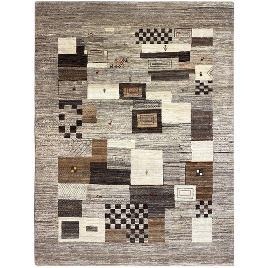 Gabbeh rug with geometric patchwork in beige, gray, and dark brown