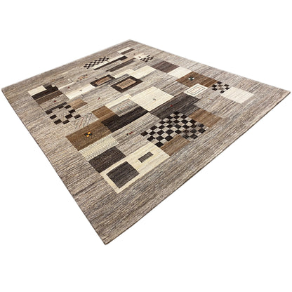 Gabbeh rug with checkerboard patterns and rectangles in beige and gray