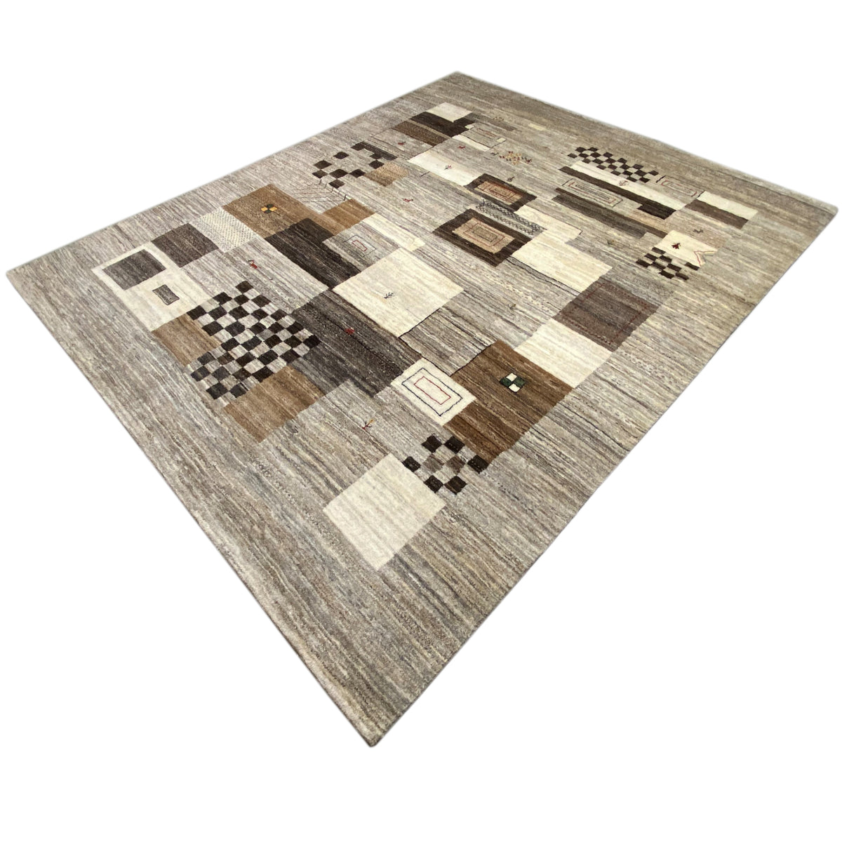 Gabbeh rug with a patchwork design of rectangles in gray, beige, and brown