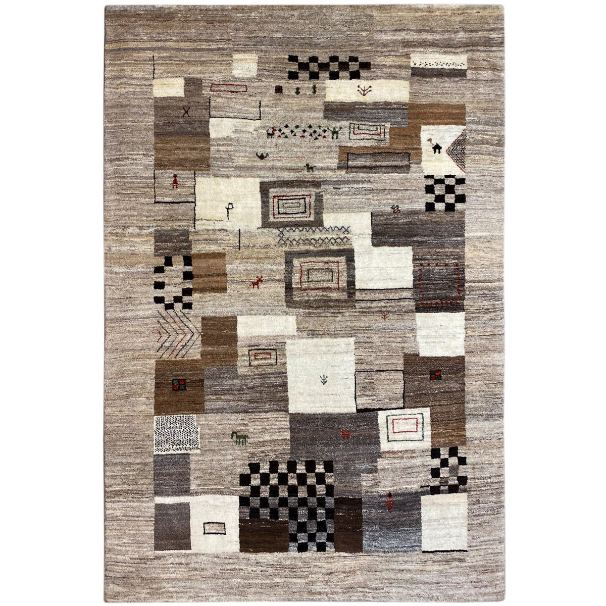 Gabbeh rug with patchwork squares, beige and gray areas, textured pile