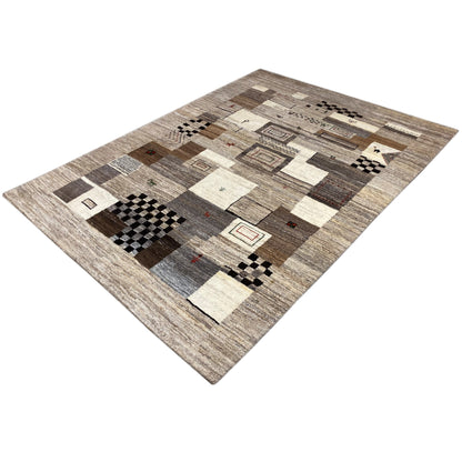 Beige and gray rug with geometric ornaments, checkered motifs, and color accents